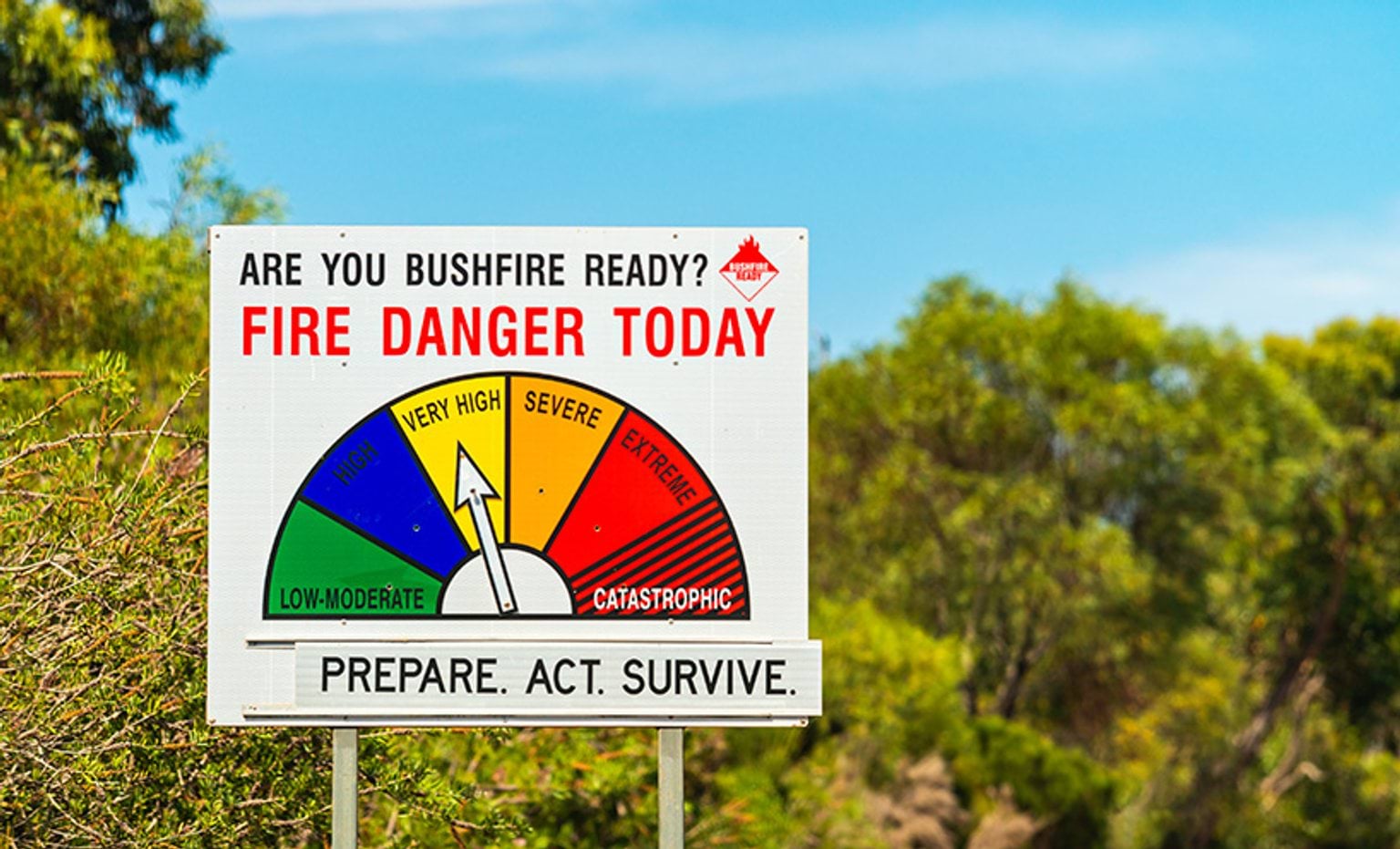Sign with wording: Are you bushfire ready? With a 'Fire Danger Today' guide